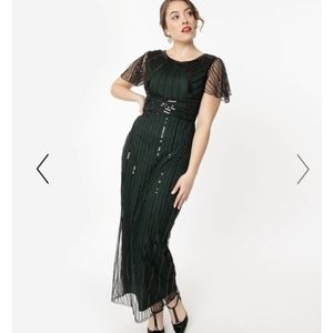 Unique Vintage 1920s Emerald & Black Sequin Tess Flapper Gown, size small, NWT